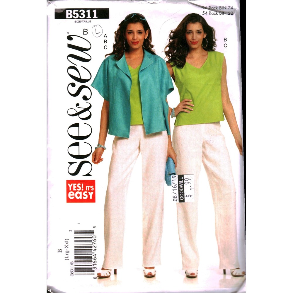 See‎ & Sew B5311 Sewing Pattern Misses Jacket Top Pants Size Large Easy CUT
